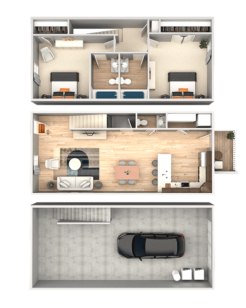 Floor plan for 2 beds, 2.5 baths, 1152 sqft